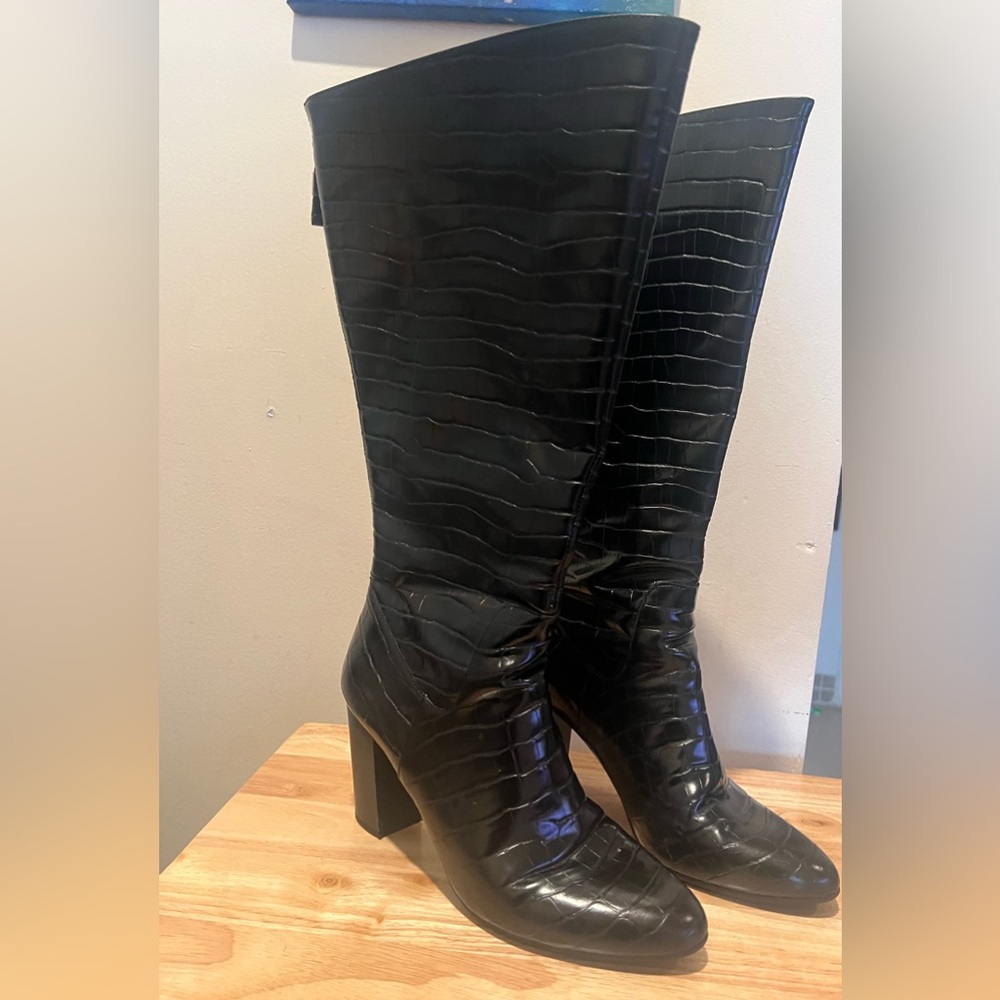 Anne Klein Black Nastya Croc Textured Wide Calf Boots